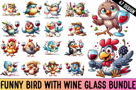 Funny Bird With Wine Glass Clipart bundle SVG CraftingStudio 