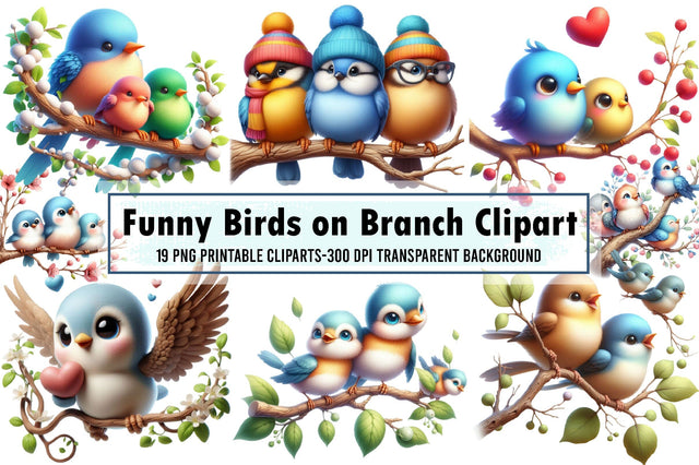 Funny Birds on Branch Clipart Bundle PNG Sublimation designartist 