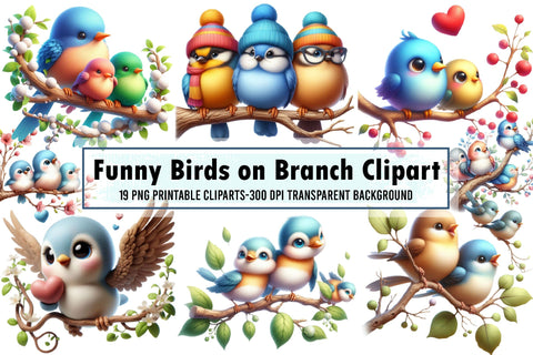 Funny Birds on Branch Clipart Bundle PNG Sublimation designartist 