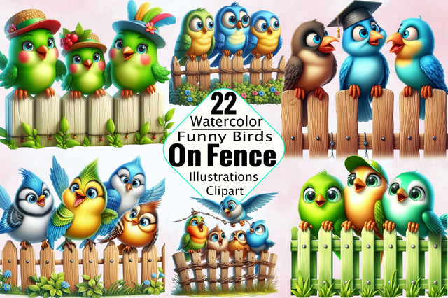 Funny Birds on Fence Sublimation Clipart Bundle Sublimation SVGArt 