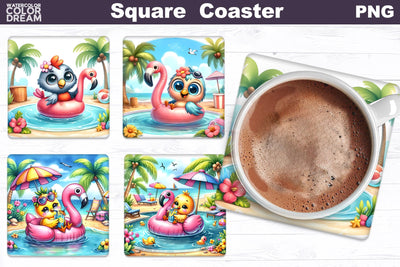 Funny Birds Square Coaster | Cute Birds Beach Coaster Sublimation WatercolorColorDream 