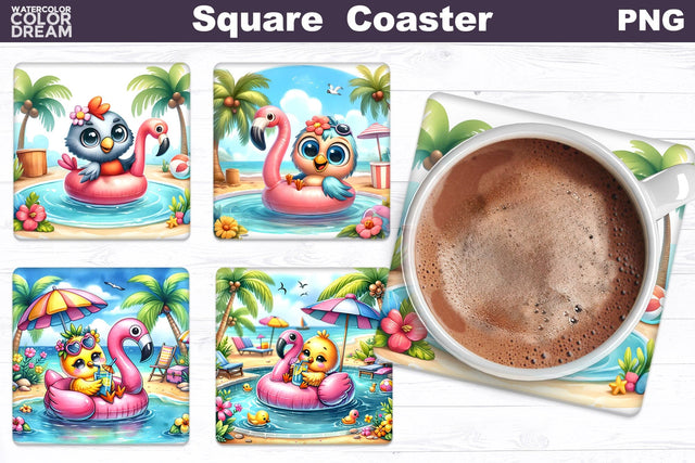 Funny Birds Square Coaster | Cute Birds Beach Coaster Sublimation WatercolorColorDream 