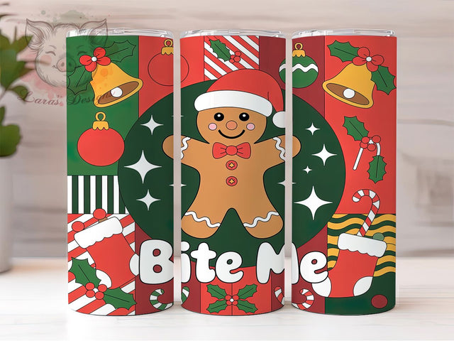 Funny Bite Me Gingerbread Tumbler, Funny Christmas Cookie Wrap, Holiday Humor Sublimation, Silly Gingerbread Cup, 20Oz Skinny Tumbler Wrap, Naughty Christmas Mug, Comical Holiday Design Sublimation Lara' s Designs 