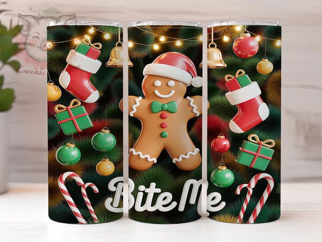 Funny Bite Me Gingerbread Tumbler, Funny Christmas Cookie Wrap, Holiday Humor Sublimation, Silly Gingerbread Cup, 20Oz Skinny Tumbler Wrap, Naughty Christmas Mug, Comical Holiday Design Sublimation Lara' s Designs 