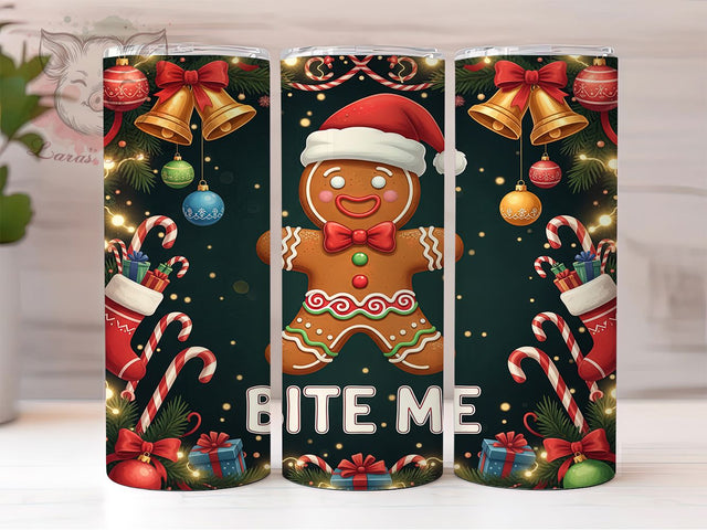 Funny Bite Me Gingerbread Tumbler, Funny Christmas Cookie Wrap, Holiday Humor Sublimation, Silly Gingerbread Cup, 20Oz Skinny Tumbler Wrap, Naughty Christmas Mug, Comical Holiday Design Sublimation Lara' s Designs 