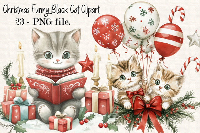 Funny Black Cat Christmas Clipart Bundle. Sublimation SVGArt 