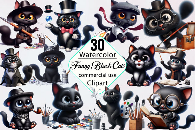 Funny Black Cats Sublimation Clipart Bundle Sublimation SVGArt 