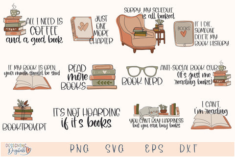 Funny Book SVG Bundle, Book Nook SVG Files for Cricut, Cute Reader Gift PNG for Sublimation, Tote Bags, Bookmarks and Crafts SVG Designing Digitals 