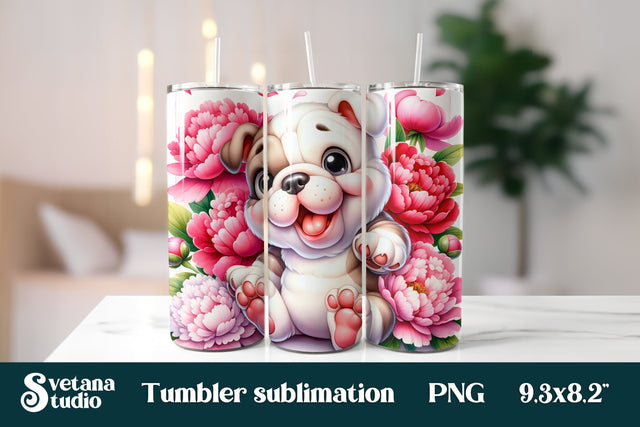Funny bulldog dog flower peonies tumbler sublimation Sublimation Svetana Studio 