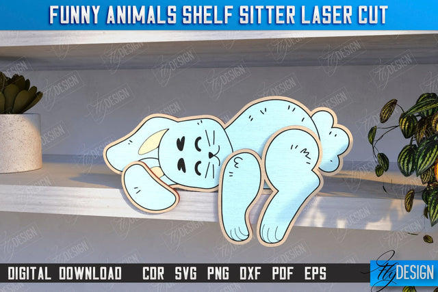 Funny Bunny Shelf Sitters Laser Cut | Wooden Animals Figurine | CNC File SVG Fly Design 