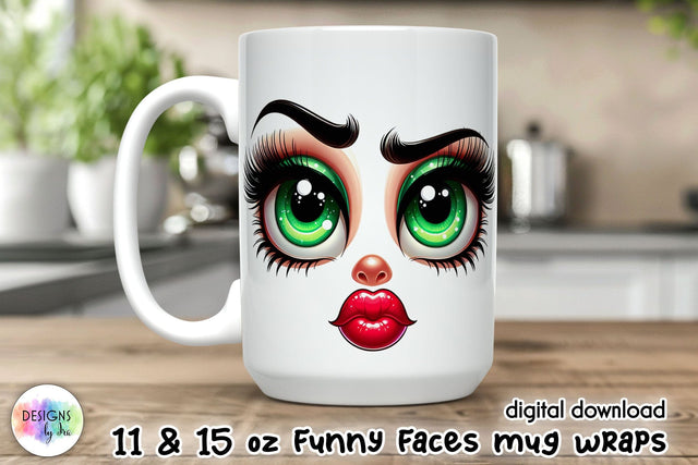 Funny Cartoon face Mug Wrap, 11 oz mug wrap with 3D funny face Sublimation Designs by Ira 