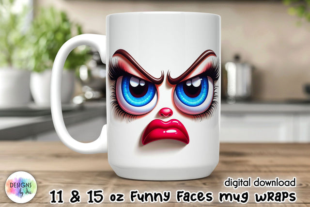 Funny Cartoon face Mug Wrap, 11 oz mug wrap with 3D funny face Sublimation Designs by Ira 