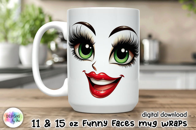Funny Cartoon face Mug Wrap, 11 oz mug wrap with 3D funny face Sublimation Designs by Ira 