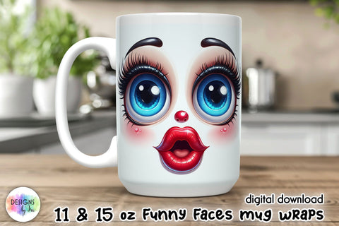 Funny Cartoon face Mug Wrap, 11 oz mug wrap with 3D funny face Sublimation Designs by Ira 