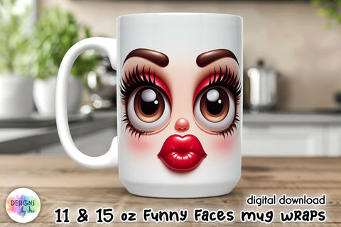 Funny Cartoon face Mug Wrap, 11 oz mug wrap with 3D funny face Sublimation Designs by Ira 