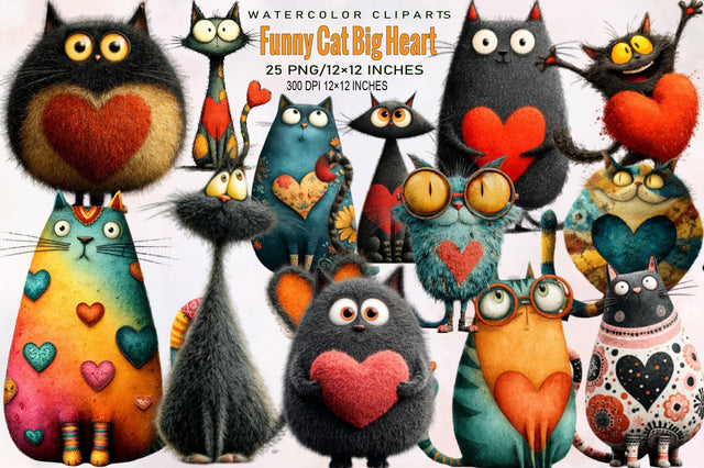 Funny Cat Big Heart Clipart Bundle. Sublimation SVGArt 