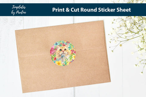 Funny Cat Round Sticker Sheet, Cute Cat Digital Sticker SVG Templates by Pauline 