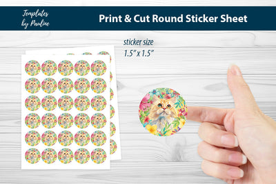 Funny Cat Round Sticker Sheet, Cute Cat Digital Sticker SVG Templates by Pauline 