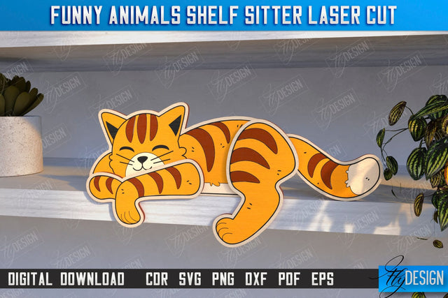 Funny Cat Shelf Sitters Laser Cut | Wooden Animals Figurine | CNC File SVG Fly Design 