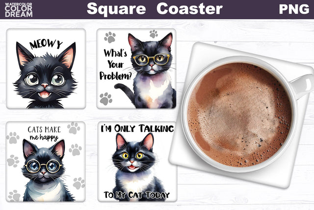 Funny Cat Square Coaster | Black Cat Coaster Sublimation WatercolorColorDream 
