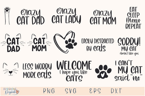 Funny Cat SVG Bundle, Cat Mom svg Files for Cricut, Cute Cat Dad Gift, cat lovers png for tshirts, sublimation, stickers, tote bags SVG Designing Digitals 