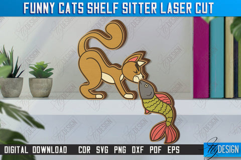 Funny Cats Shelf Sitters Laser Cut Bundle | Table Statuette | Wooden Cat Figurine | CNC Files SVG Fly Design 