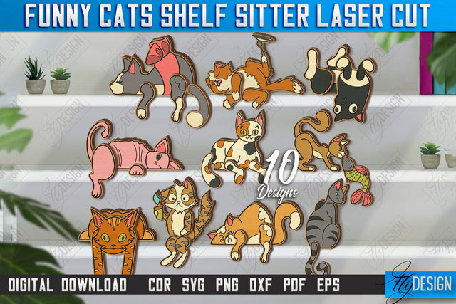 Funny Cats Shelf Sitters Laser Cut Bundle | Table Statuette | Wooden Cat Figurine | CNC Files SVG Fly Design 