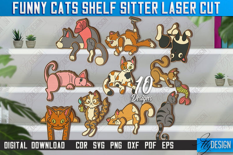 Funny Cats Shelf Sitters Laser Cut Bundle | Table Statuette | Wooden Cat Figurine | CNC Files SVG Fly Design 