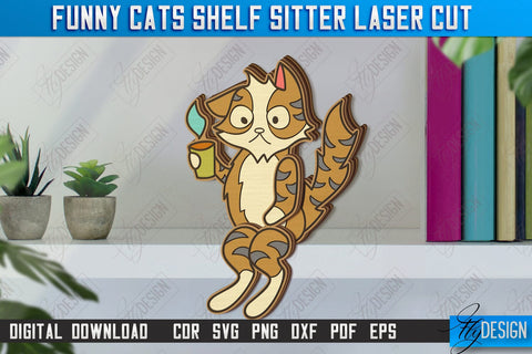 Funny Cats Shelf Sitters Laser Cut Bundle | Table Statuette | Wooden Cat Figurine | CNC Files SVG Fly Design 