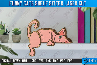 Funny Cats Shelf Sitters Laser Cut | Table Statuette | Wooden Cat Figurine | CNC File SVG Fly Design 