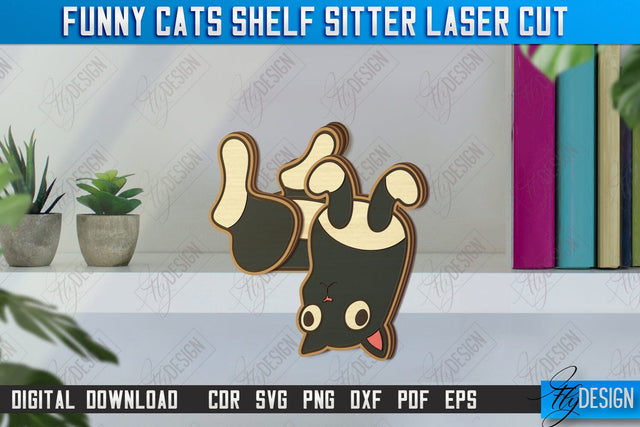 Funny Cats Shelf Sitters Laser Cut | Table Statuette | Wooden Cat Figurine | CNC File SVG Fly Design 
