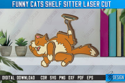 Funny Cats Shelf Sitters Laser Cut | Table Statuette | Wooden Cat Figurine | CNC File SVG Fly Design 