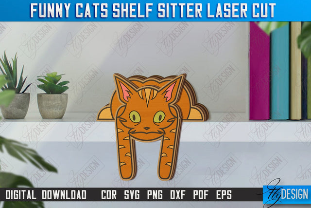 Funny Cats Shelf Sitters Laser Cut | Table Statuette | Wooden Cat Figurine | CNC File SVG Fly Design 