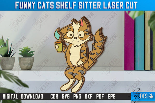 Funny Cats Shelf Sitters Laser Cut | Table Statuette | Wooden Cat Figurine | CNC File SVG Fly Design 