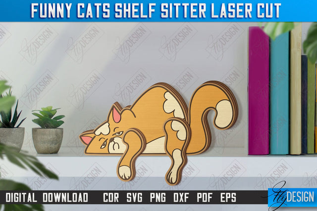 Funny Cats Shelf Sitters Laser Cut | Table Statuette | Wooden Cat Figurine | CNC File SVG Fly Design 