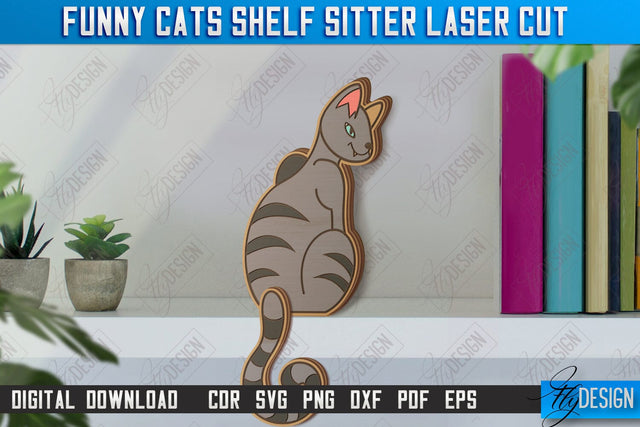 Funny Cats Shelf Sitters Laser Cut | Table Statuette | Wooden Cat Figurine | CNC File SVG Fly Design 