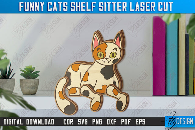Funny Cats Shelf Sitters Laser Cut | Table Statuette | Wooden Cat Figurine | CNC File SVG Fly Design 