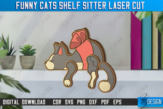 Funny Cats Shelf Sitters Laser Cut | Table Statuette | Wooden Cat Figurine | CNC File SVG Fly Design 