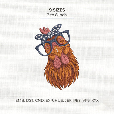 Funny Chicken Embroidery Design – Nerdy Hen with Glasses & Polka Dot Bow Machine Embroidery File, 9 Sizes Embroidery/Applique DESIGNS PatternFeed8 