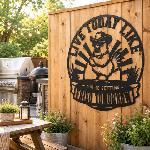 Funny Chicken Laser SVG | Live Today Like You're Getting Fried Tomorrow | Rooster Farm Sign DXF | CNC Plasma Cut File | Rustic Chicken Decor SVG HappyDesignStudio 