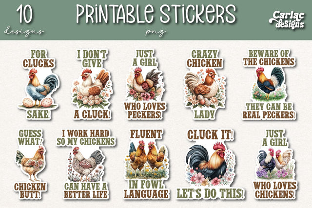 Funny Chicken Printable Sticker Sheet PNG Sublimation Carla C Designs 