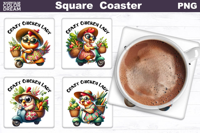 Funny Chicken Square Coaster | Crazy Chicken Lady Coaster Sublimation WatercolorColorDream 