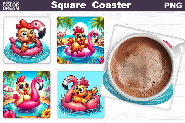 Funny Chicken Square Coaster | Cute Chicken Beach Coaster Sublimation WatercolorColorDream 