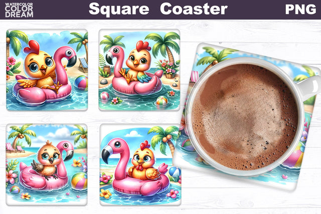 Funny Chicken Square Coaster | Cute Chicken Beach Coaster Sublimation WatercolorColorDream 