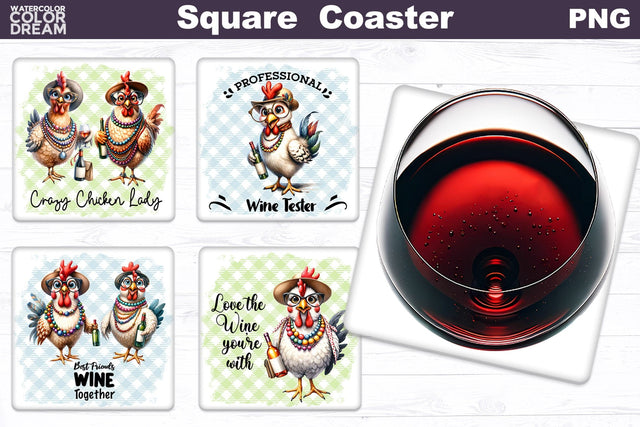 Funny Chicken Square Coaster | Wine Quote Square Coaster Sublimation WatercolorColorDream 