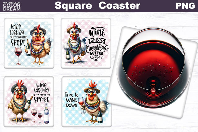 Funny Chicken Square Coaster | Wine Quote Square Coaster Sublimation WatercolorColorDream 