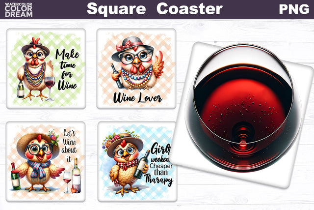 Funny Chicken Square Coaster | Wine Quote Square Coaster Sublimation WatercolorColorDream 