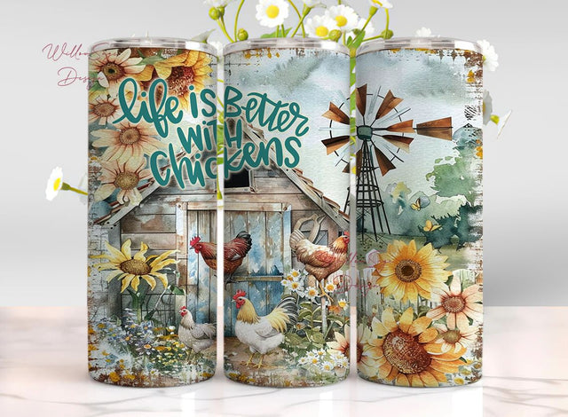 Funny Chicken Tumbler Wrap PNG 20 oz Skinny Tumbler Sublimation Design Instant Digital Download Only, Life Is Better With Chickens Wrap Sublimation WillowSageDesign 