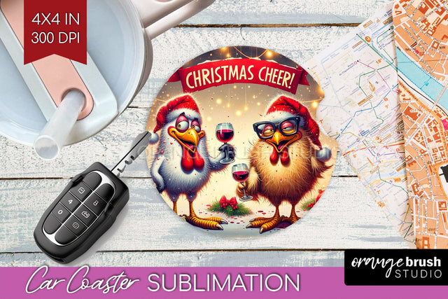 Funny Christmas Car Coaster PNG, Chicken Coaster Sublimatoin Sublimation OrangeBrushStudio 