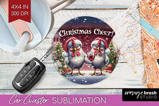 Funny Christmas Car Coaster PNG, Chicken Coaster Sublimatoin Sublimation OrangeBrushStudio 